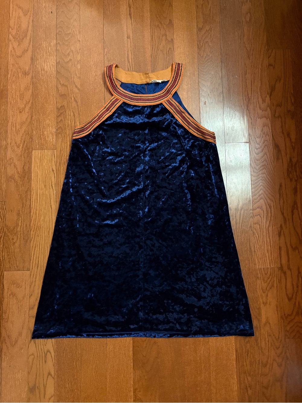 THML Navy Crushed Velvet Dress with Orange and Gold Embroidered Neckline. Small